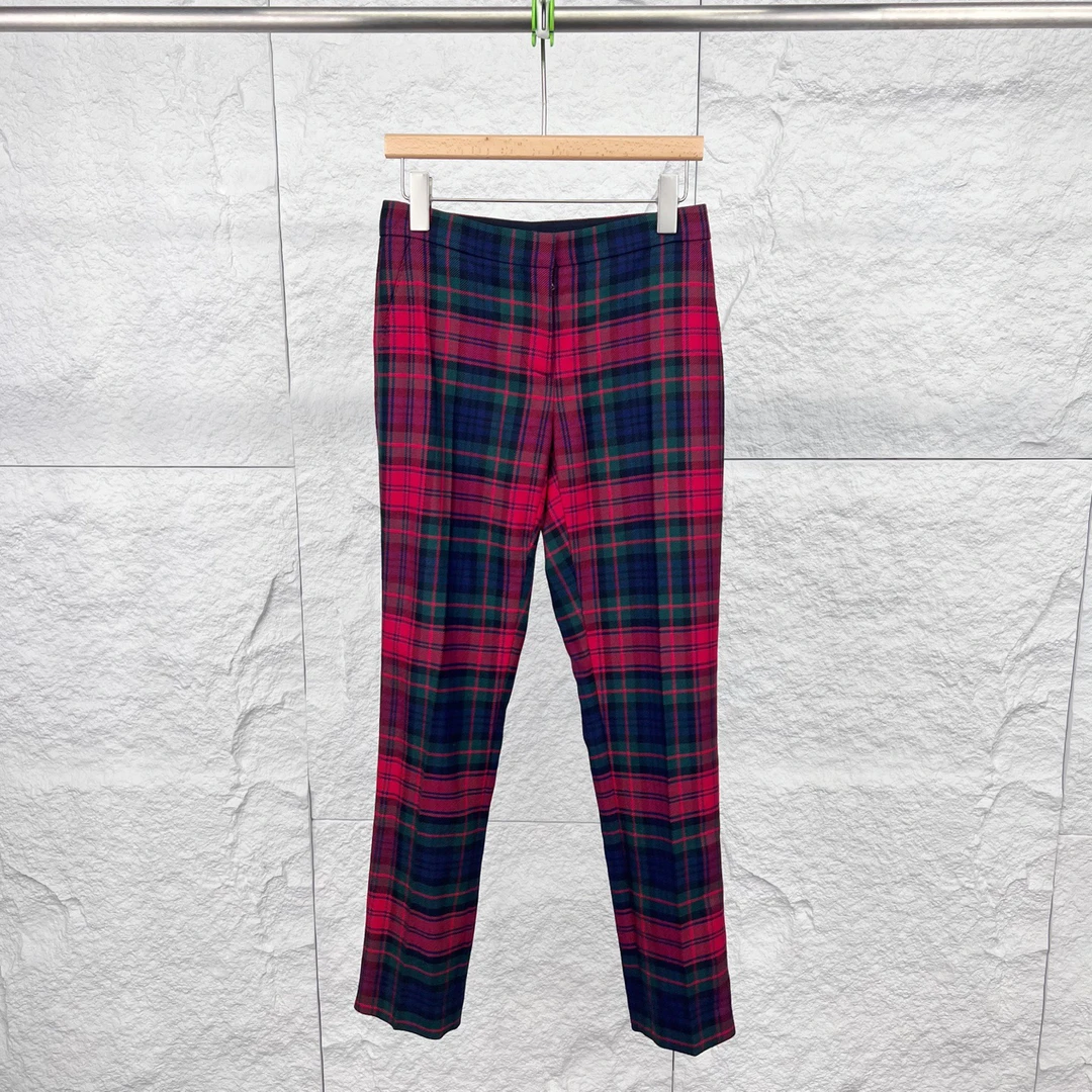 99新 BURBERRY/博柏利 4码/红色格子拉链修身针织休闲裤/16037713