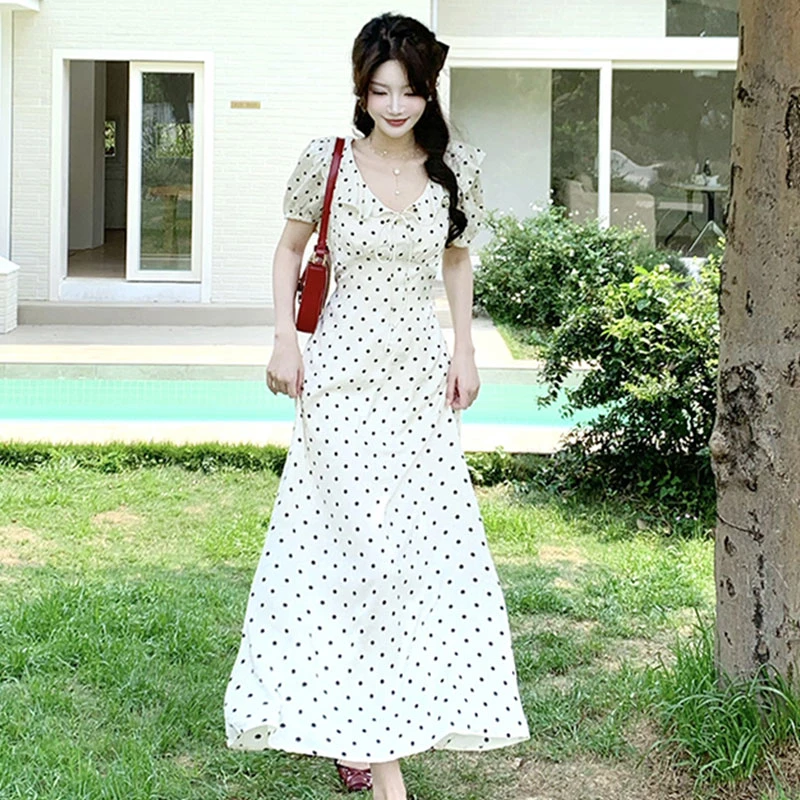 夏装法式木耳边系带泡泡袖收腰显瘦大摆复古旗袍披肩连衣裙波点裙