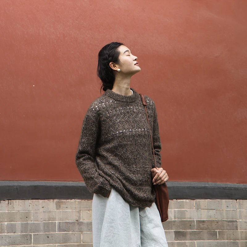 绽放609朵/羊绒羊毛混纺花纱半镂空宽松微落肩套头毛针织衫毛衣女