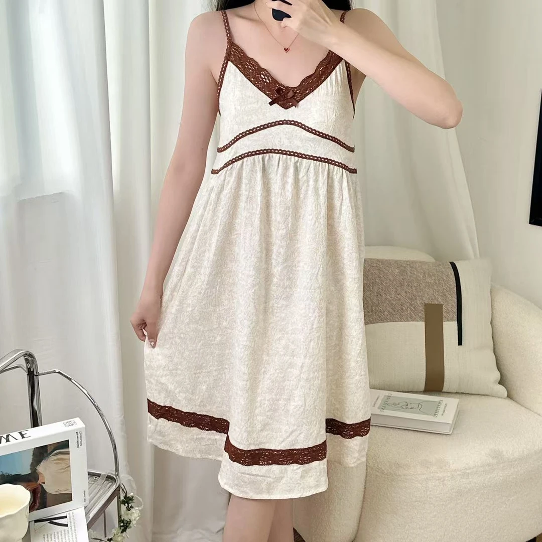 2025夏季新款睡衣女蕾丝薄款家居服纯欲甜美公主风吊带带胸垫睡裙