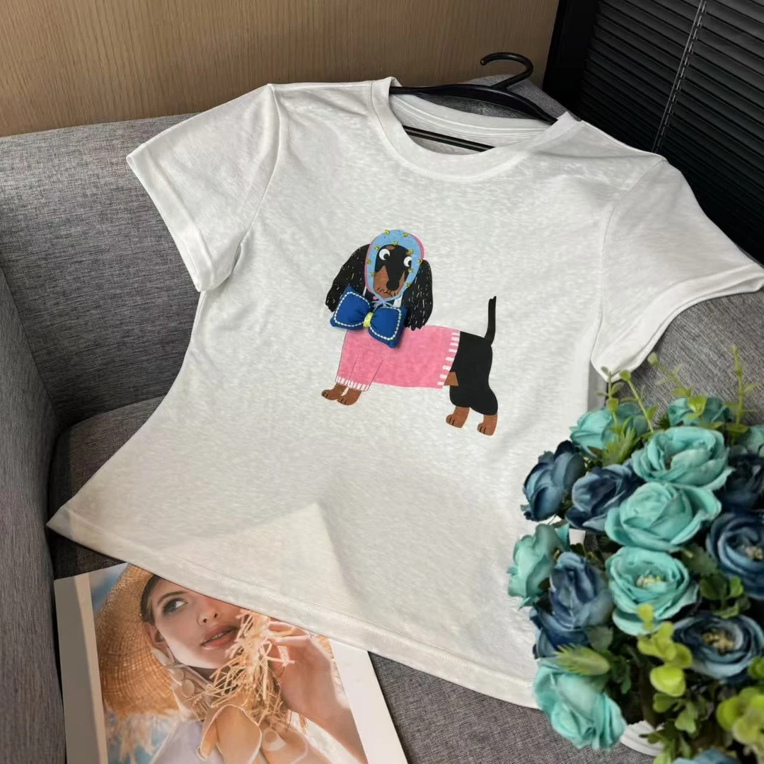 G50281天丝亚麻流款卡通印花圆领短袖T恤潮流休闲上衣