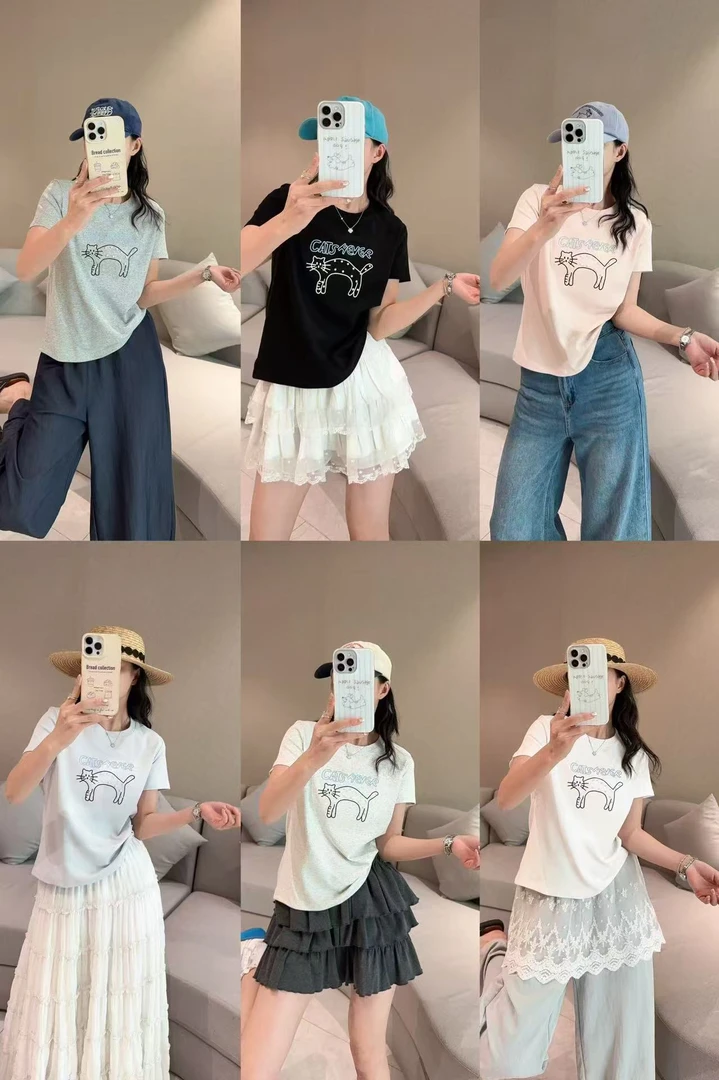 XHB  2025夏季女刺绣珍珠猫咪字母潮流百搭小版T恤  16005