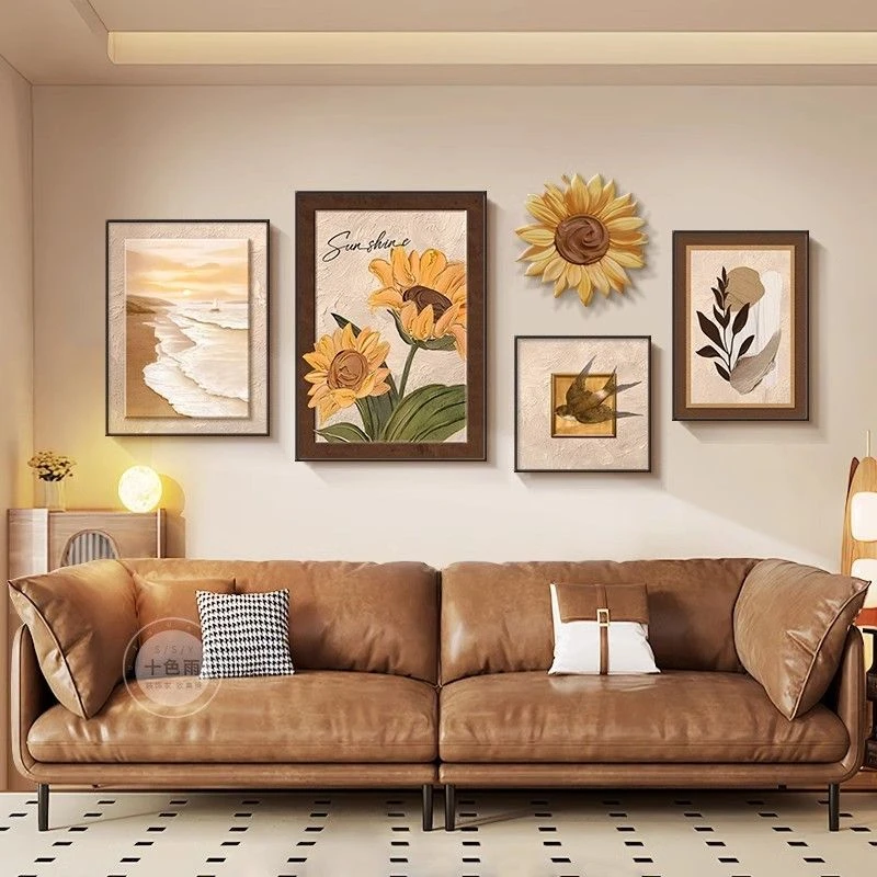 向日葵客厅装饰画古风墙上高级落地壁画法式复古玄关挂画