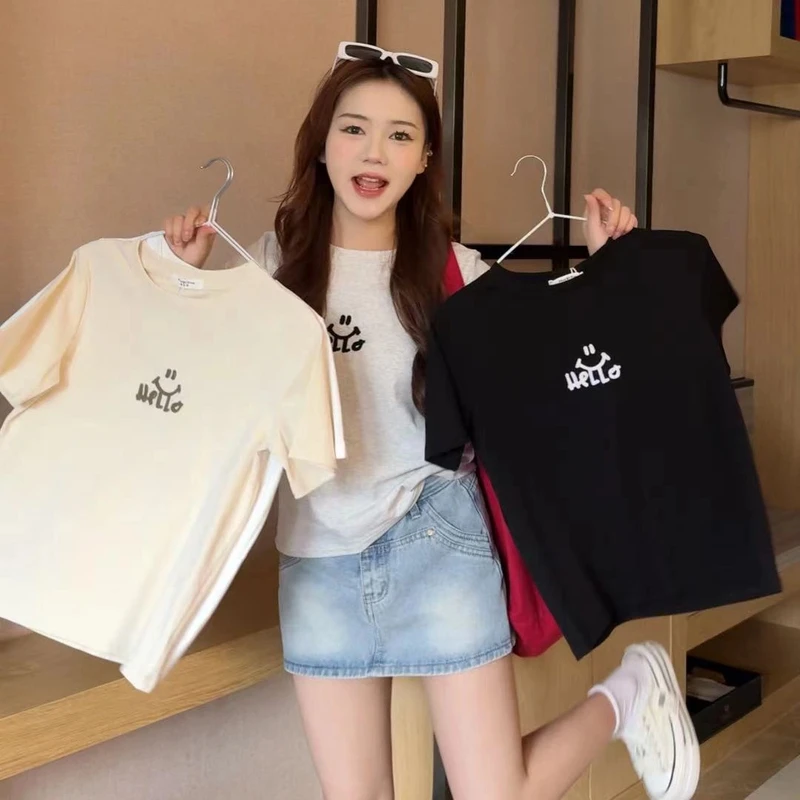 小个子夏季宽松笑脸刺绣短袖T恤韩系百搭洋气通勤正肩透气上衣