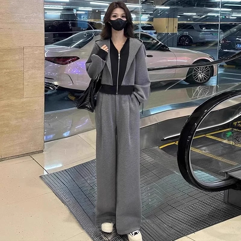休闲运动套装女春季休闲洋气设计感假两件连帽外套阔腿裤两件套