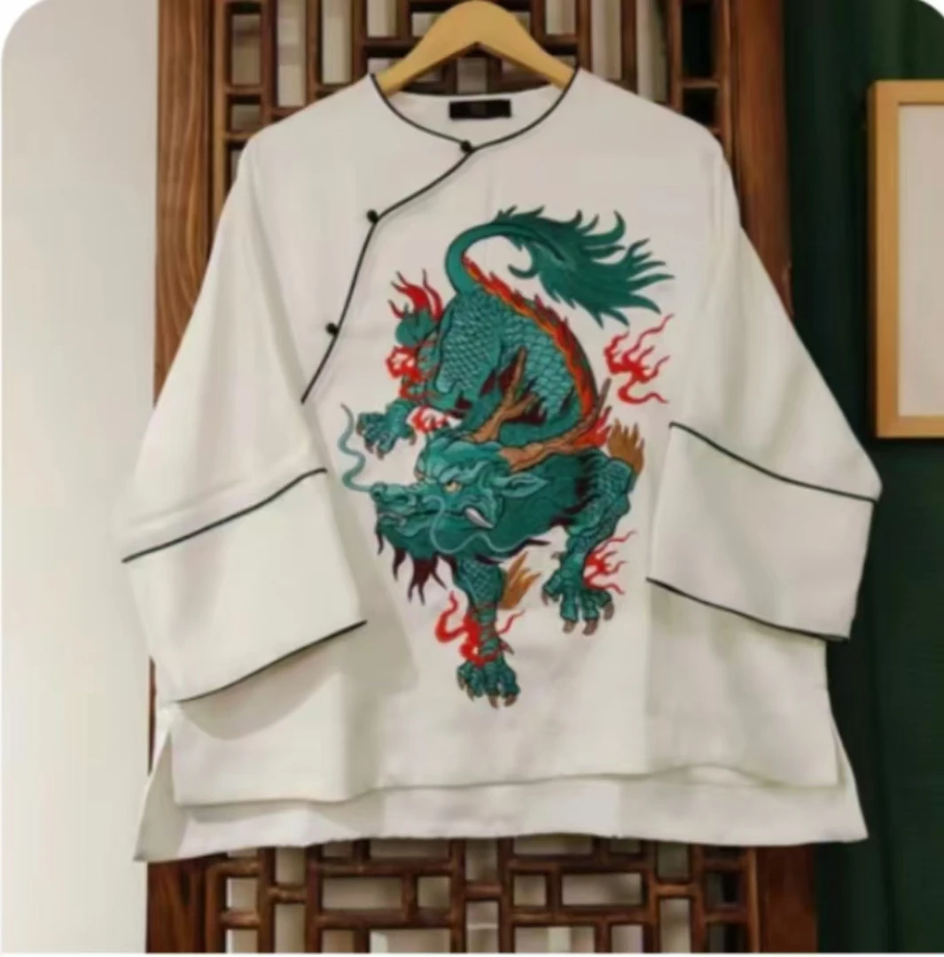 凤徕兮私人定制白色光板底蓝色貔貅刺绣斜襟包边上衣（LS128-18）