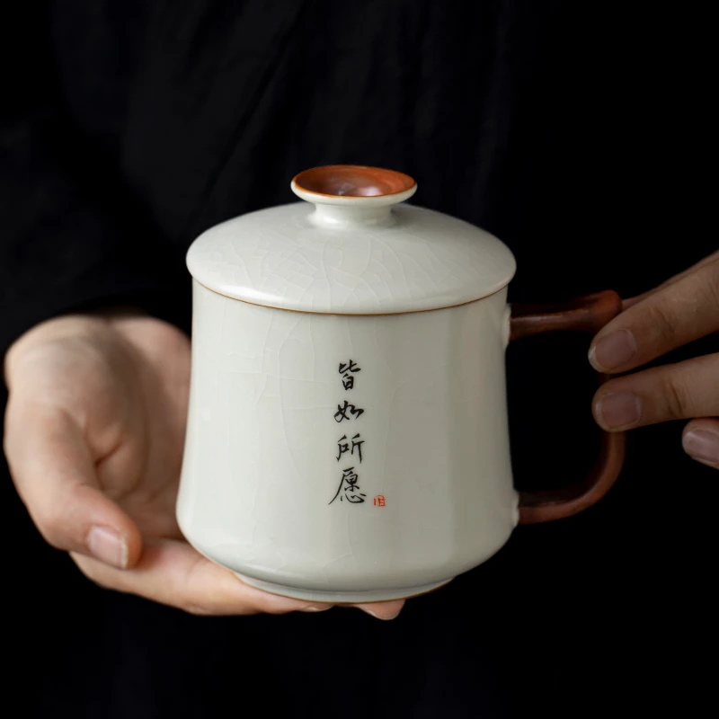 汝窑马克杯陶瓷茶杯水杯礼物实大用咖啡杯办公室泡茶杯子带盖定制