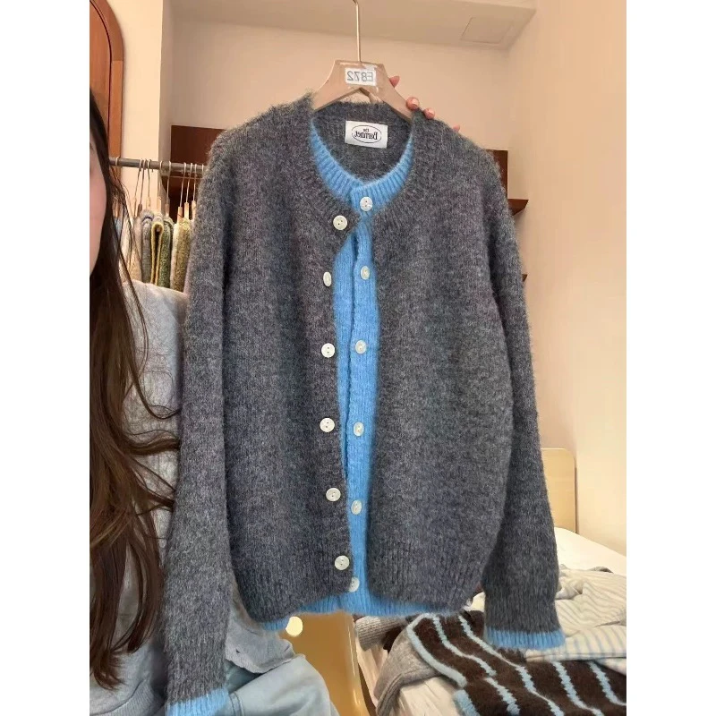 韩系撞色假两件针织开衫女2025秋冬新款美拉德穿搭毛衣外套上衣潮