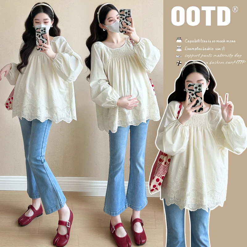 孕妇装2025春季新款宽松休闲百搭温柔绣花时尚韩版镂空刺绣娃娃衫