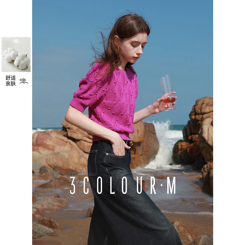 三彩2025春季新款镂空肌理短袖针织衫圆领泡泡袖套头衫短款毛衫M