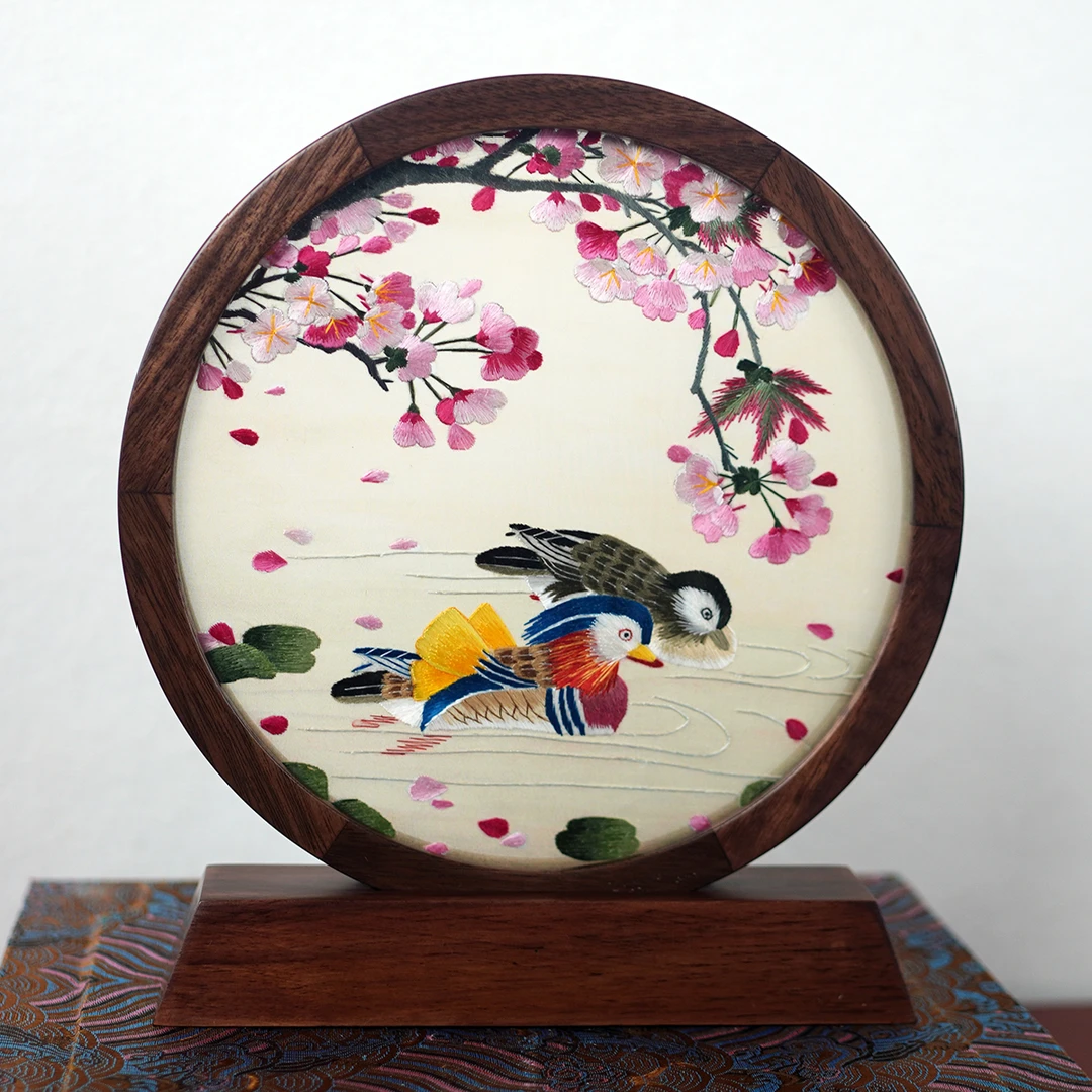 纯手工苏州刺绣苏绣成品双面绣摆件 新中式  鸳鸯戏水