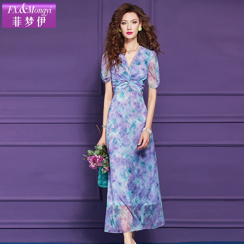 菲梦伊夏季新款复古碎花气质收腰印花优雅时尚中长女连衣裙63946