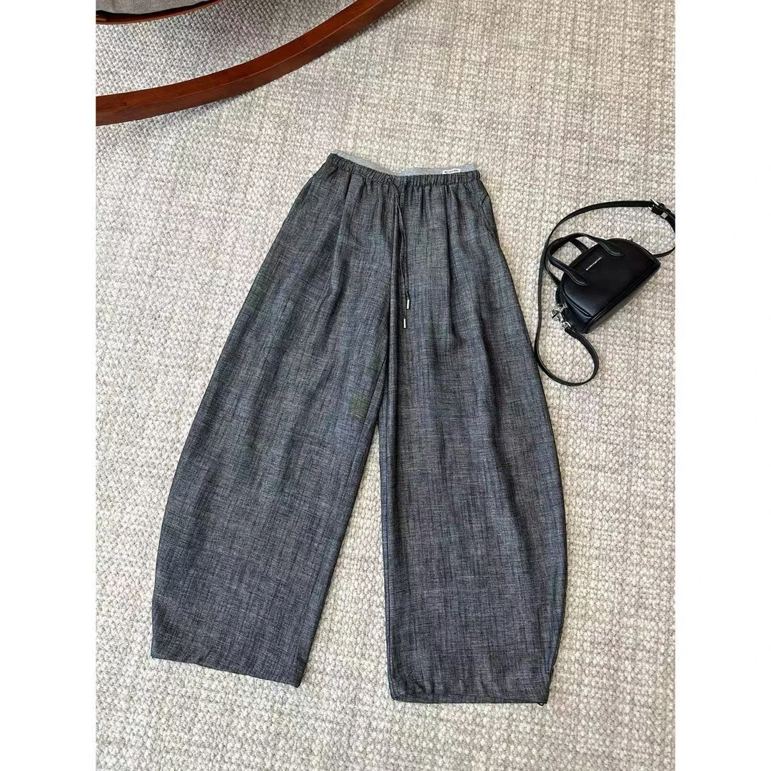 小静静一会【撞色黑灰休闲裤】2025夏款梨形斜胯长裤 2505C3049