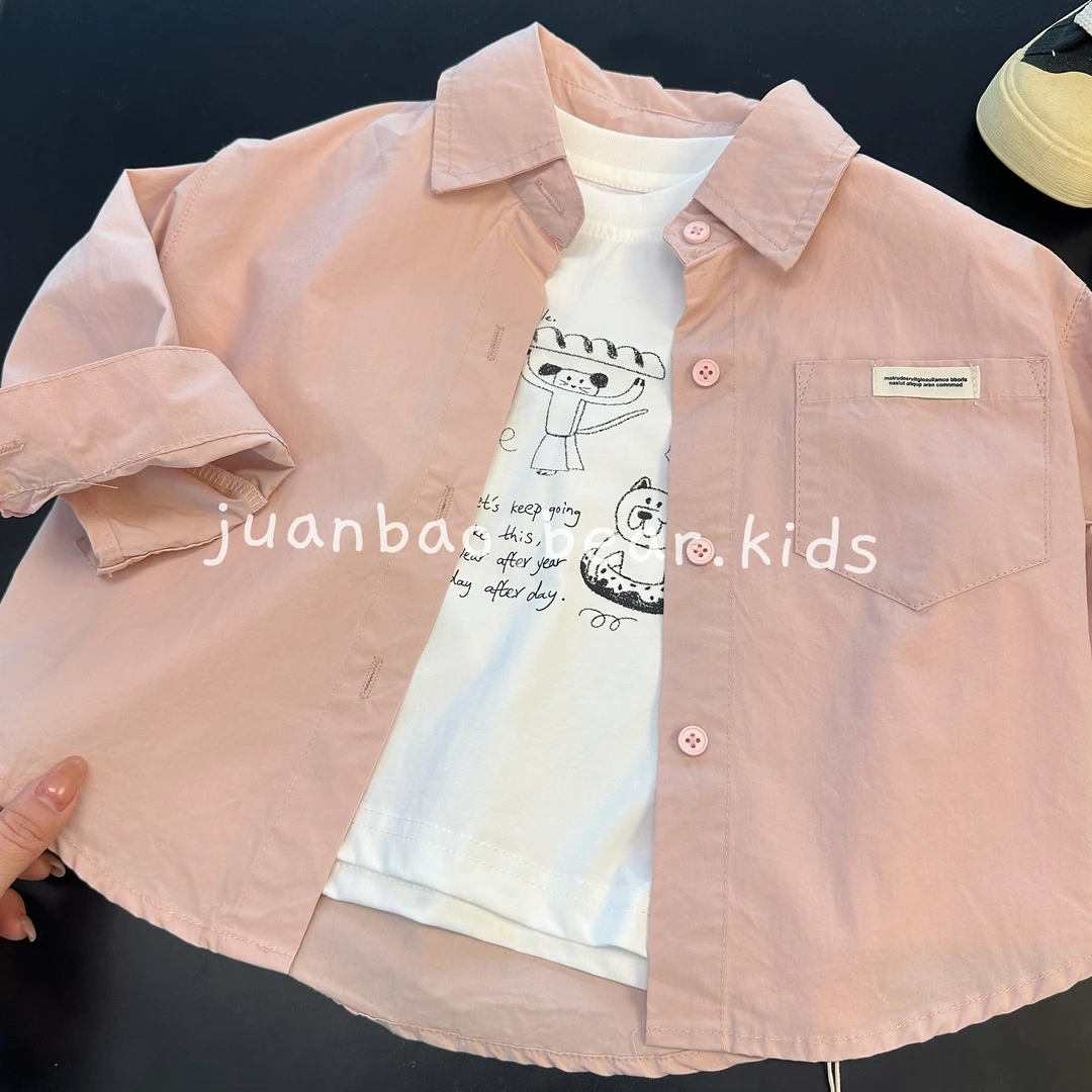 卡通小狗粉衬衫春款韩版韩系小众亲肤百搭男童女童2025新款春季
