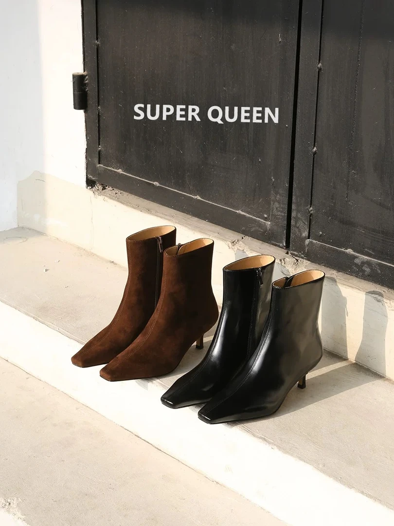 极简方头羊猄皮猫跟短靴 细跟高跟短靴时髦时装靴