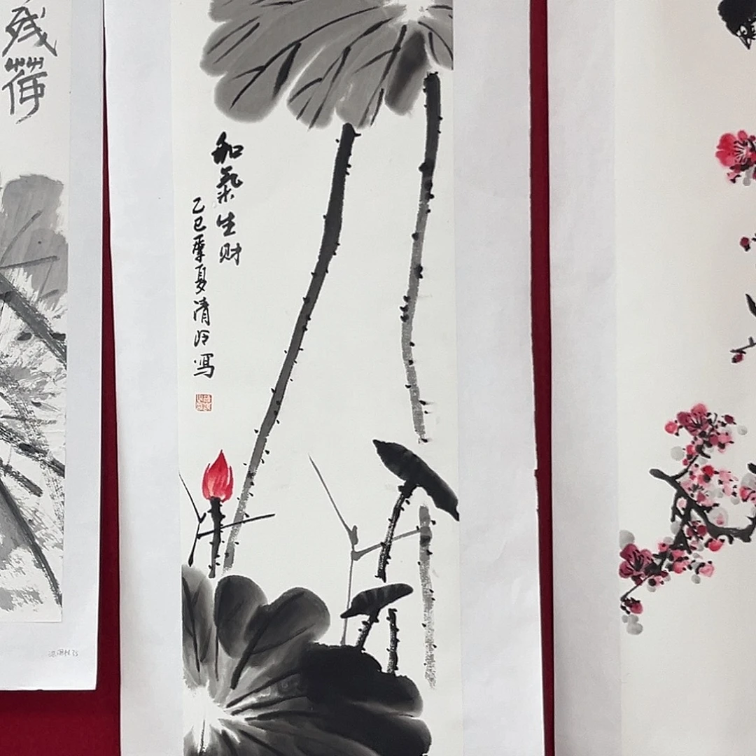 国画任青岭三尺对开花鸟奇