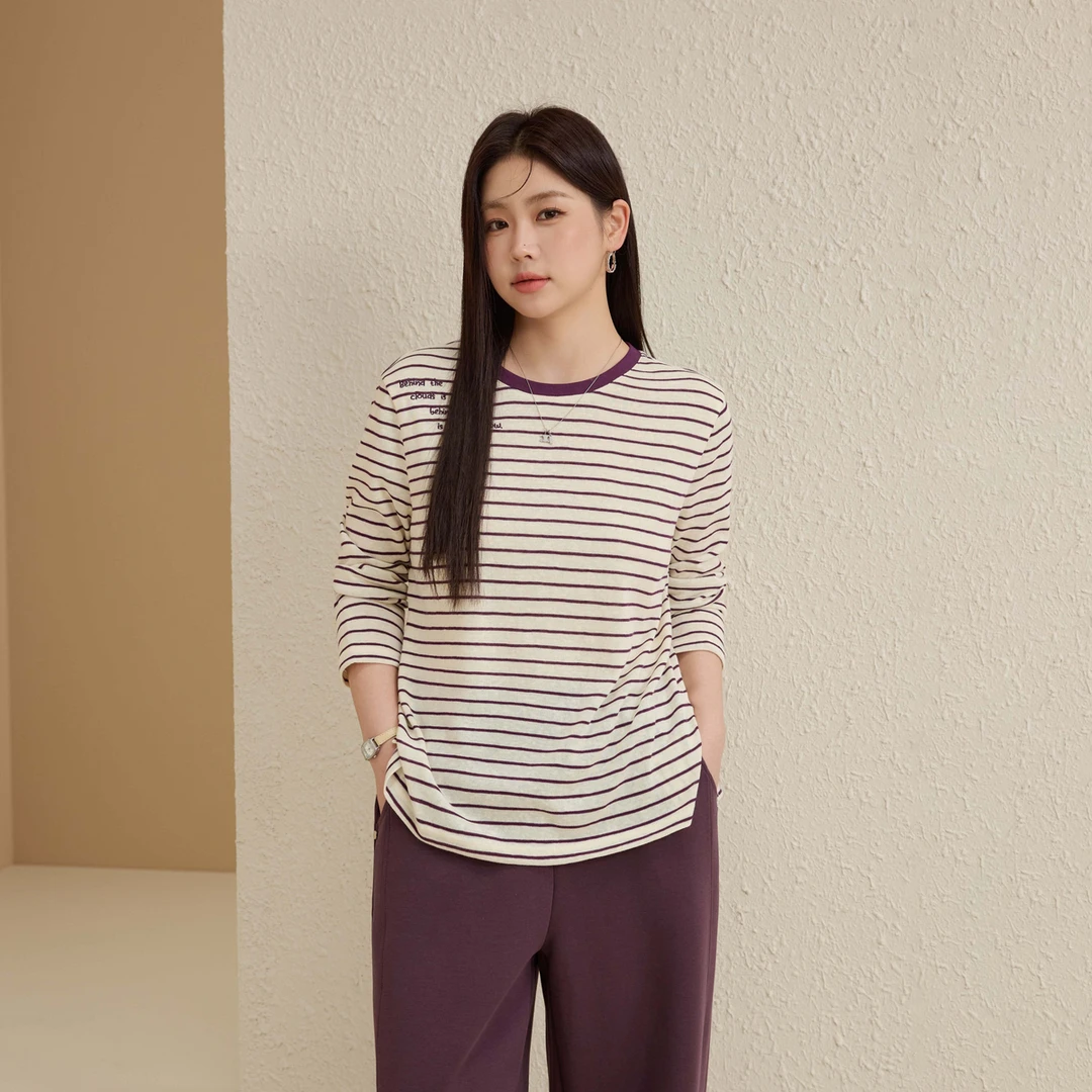 【变奏】纤莉秀大码女装流光风罗纹圆领刺绣小众设计条纹T恤QK2960