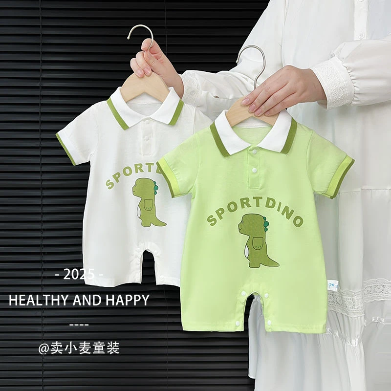 婴儿衣服短袖连体衣薄款哈衣男女宝宝夏装韩版翻领小熊爬服外出服