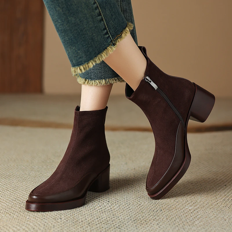 跟高5CM/34-43单绒/秋冬新款气质尖头拼接短靴法式优雅中跟复古女