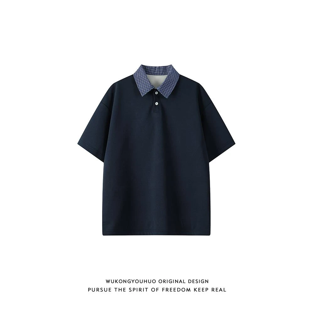 300斤加大码夏季美式格子拼接短袖T恤男款复古宽松半袖POLO衫上衣