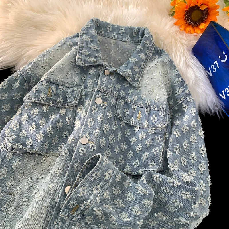 新款美式复古牛仔夹克外套男士秋季宽松休闲做旧工装潮流百搭上衣