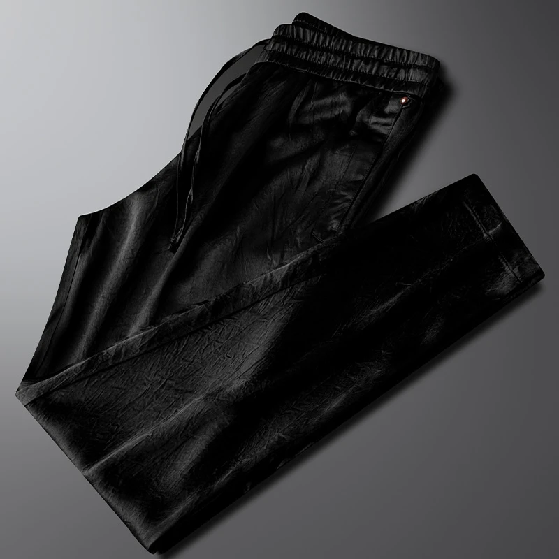 轻奢高端夏季冰感顺滑醋酸纤维黑色休闲裤男款提花宽松直筒长裤男