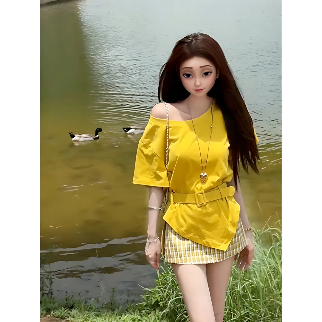 韩系休闲时尚两件套女夏季新款不规则斜肩显瘦上衣百搭半身裙套装