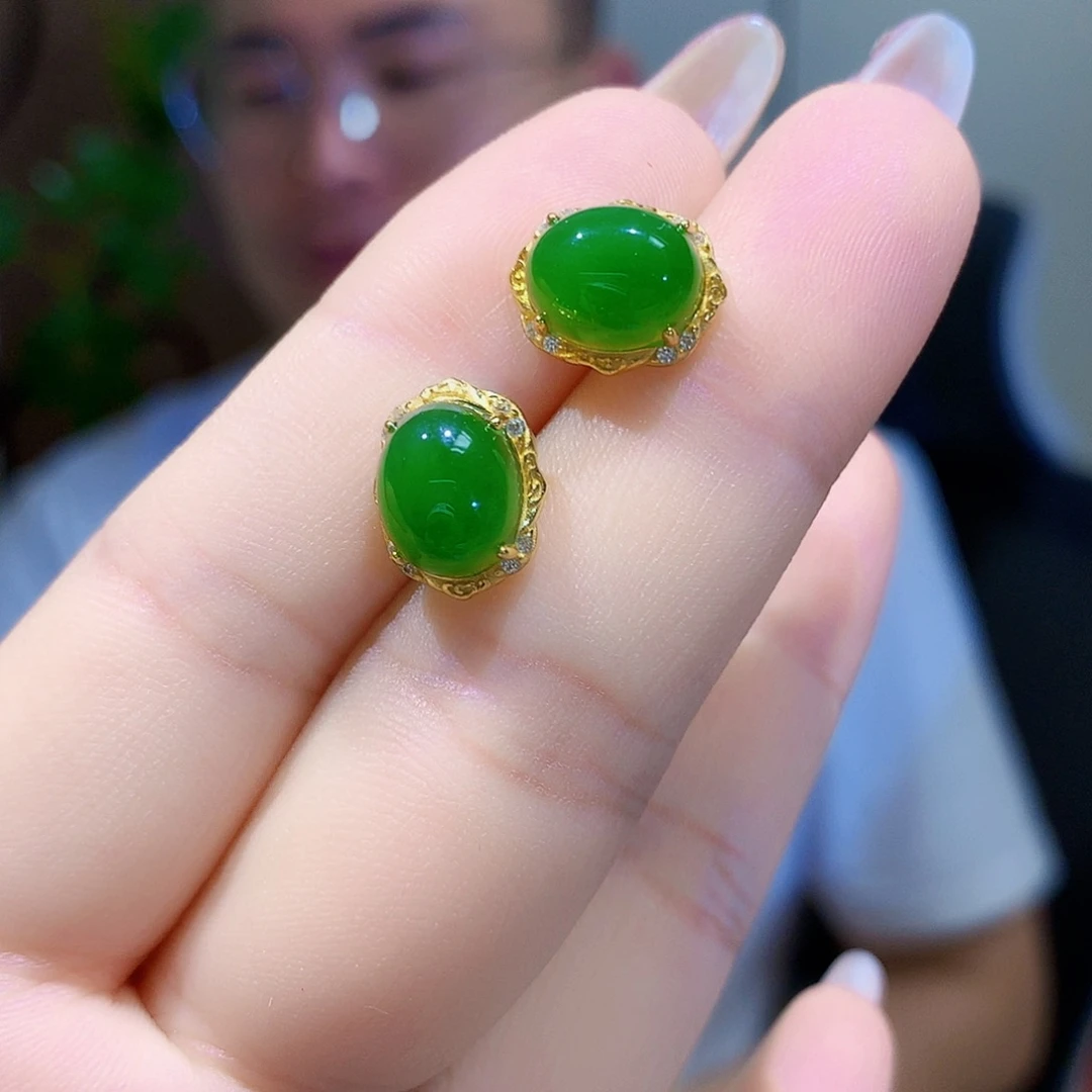 银S925镀金镶嵌和田玉（碧玉）耳饰