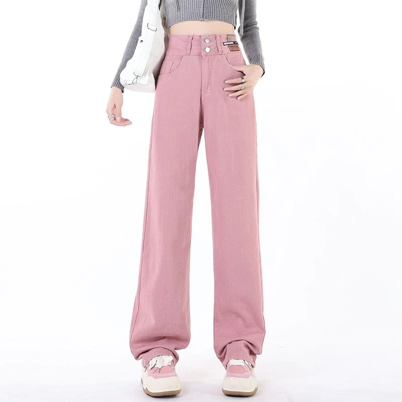 846脏粉色阔腿牛仔裤女2025春秋新款高腰直筒宽松小个子拖地裤子
