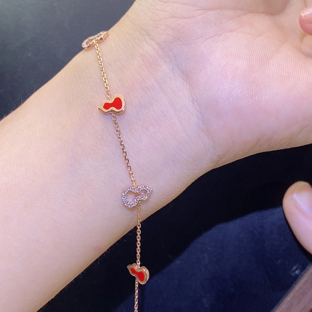 手链18K金镶嵌钻石红葫芦手链k玫珐琅工艺