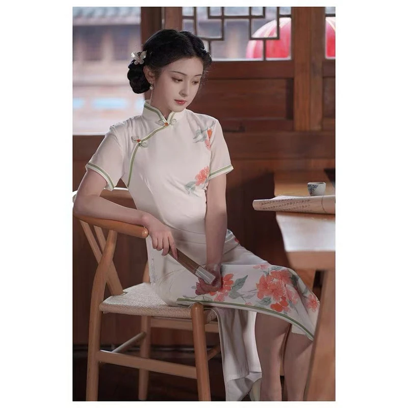 0632 米白色 草莓扣 【红花绿叶】 旗袍