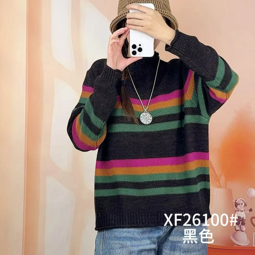 2610针织网红圆领灰色毛针织衫韩版套头款适中条纹常规宽松棉线女