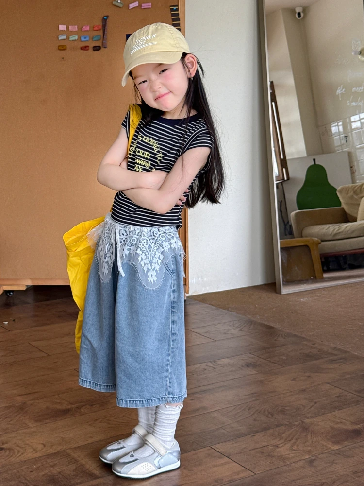 女童韩版夏季套装条纹短袖牛仔裤2025蕾丝花边七分裤薄款两件套潮