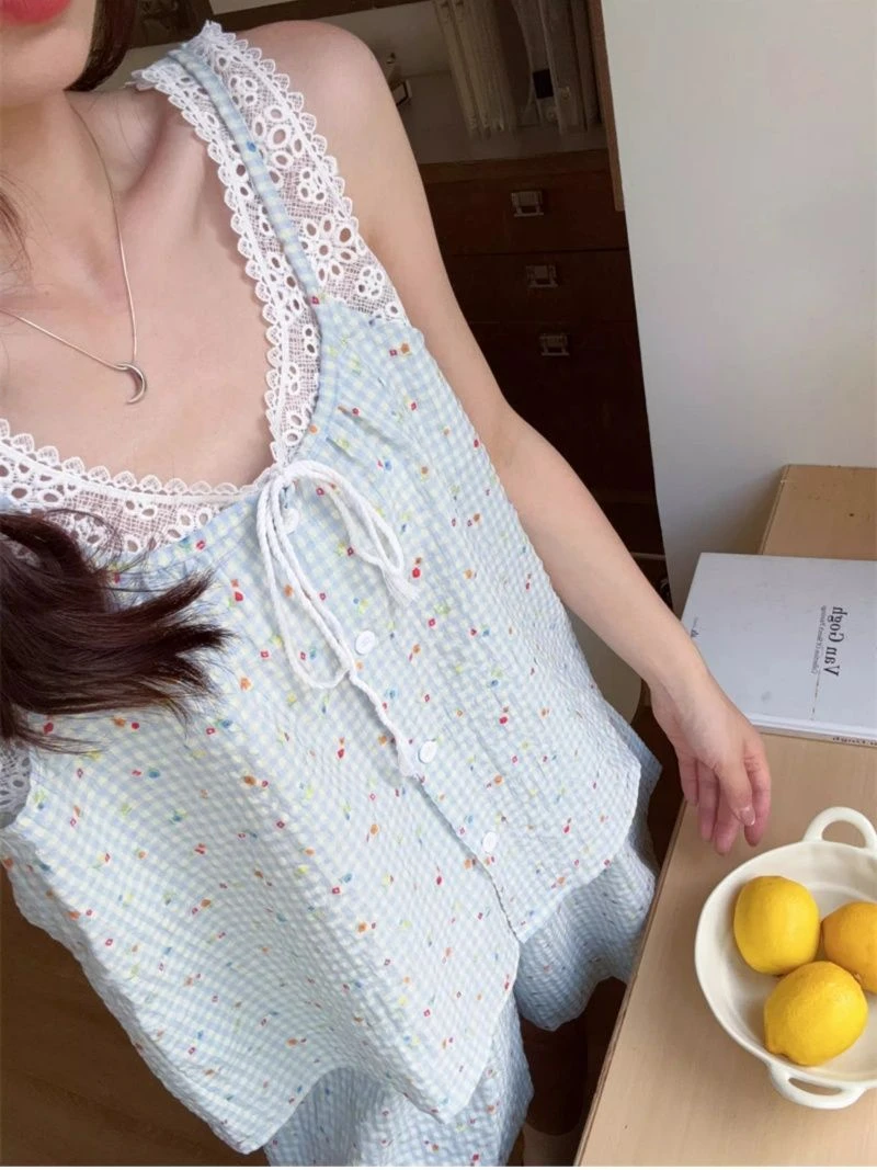 韩版小清新格子碎花蕾丝边睡衣女夏新款休闲背心短裤两件套家居服