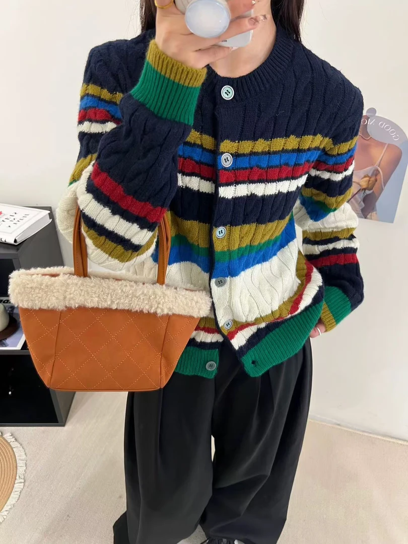 7193复古长袖针织开衫女秋冬新款撞色条纹麻花显瘦上衣