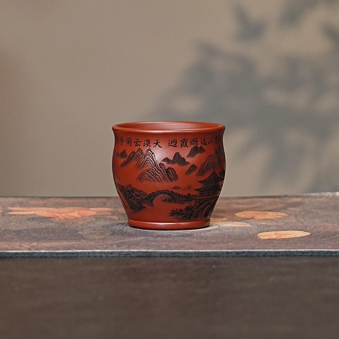 宜兴紫砂茶具 原矿大红袍泥料刻绘山水楼阁紫砂杯主人杯
