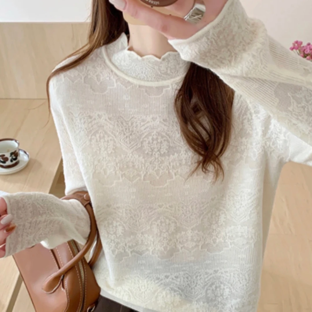 春季新款打底衫女宽松荷叶袖半高领纯色洋气内搭毛衣女长袖针织