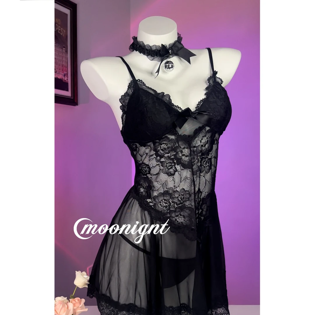 纯欲网纱吊带睡裙夏季深V加胸垫性感睡裙套装4925女士蕾丝