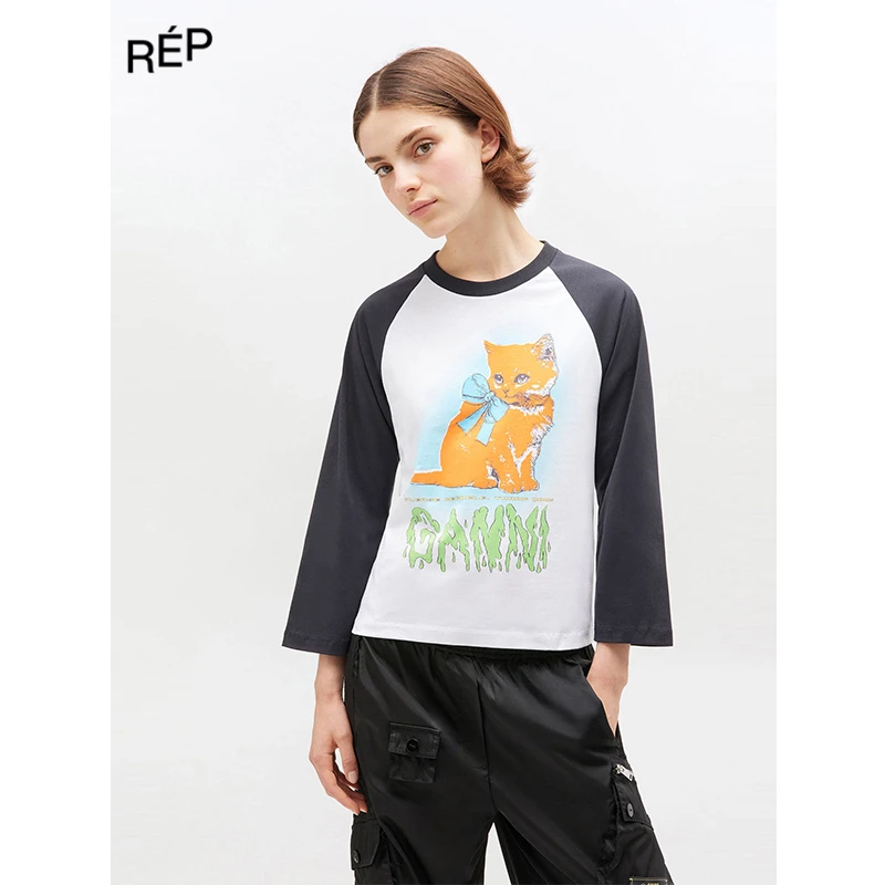 【5折现货】GANNI设计师品牌白色猫咪插肩袖长袖T （特价NO退换）