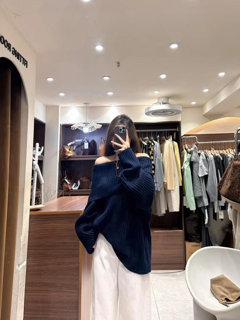 慵懒风一字肩性感辣妹针织上衣洋气休闲百搭宽松阔腿长裤时尚套装