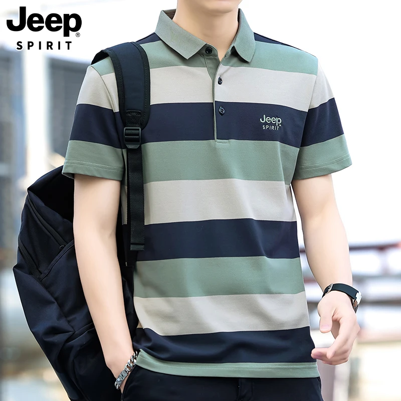 JEEP吉普短袖T恤夏季男纯棉薄款翻领条纹宽松大码休闲半袖polo衫