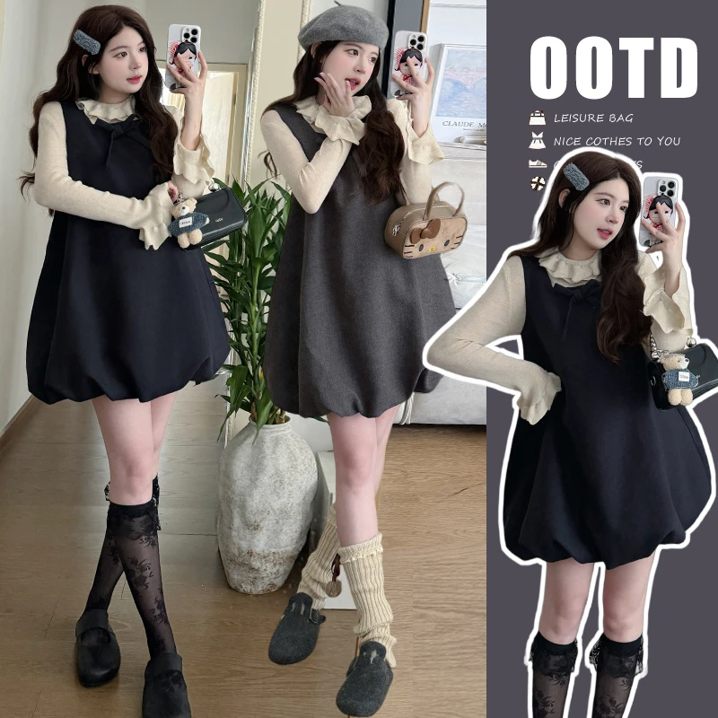 时髦孕妇装新款秋冬新款韩版宽松百搭背心裙蛋糕领打底减龄两件套