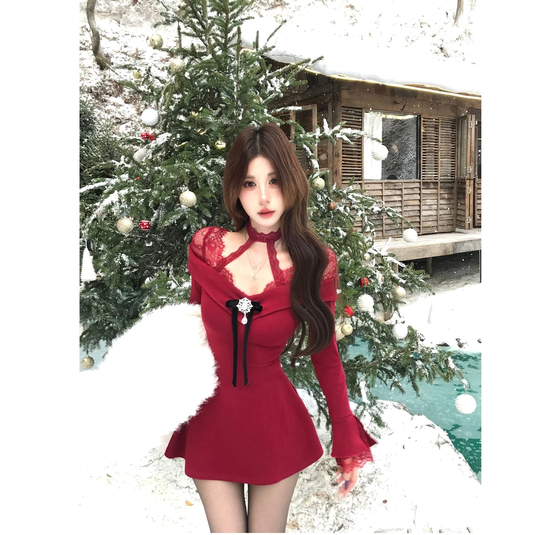 裙子女2025冬季新款纯欲超仙设计感红色连衣裙甜辣修身百搭短裙