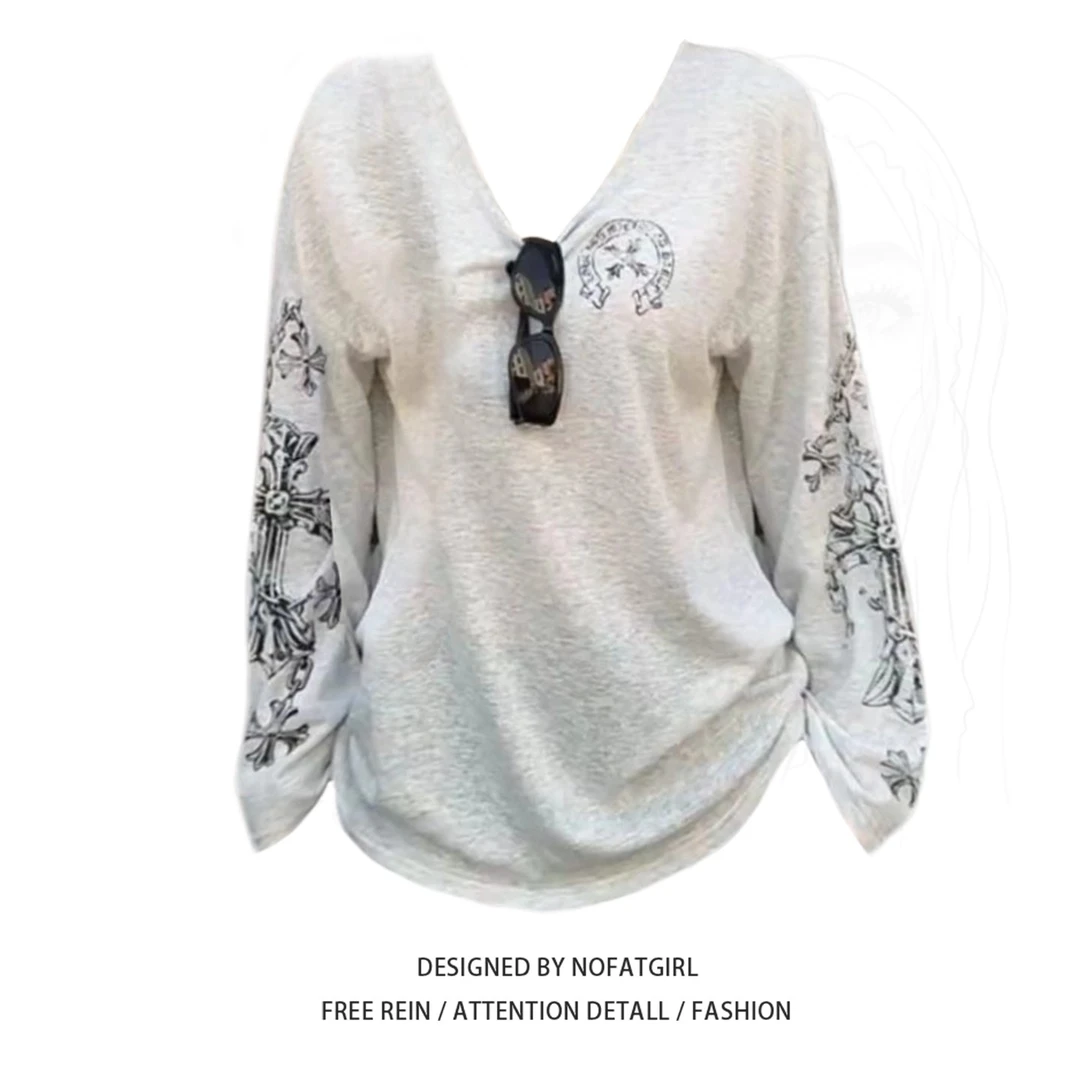 大码胖MM韩系复古印花长袖t恤女秋季宽松慵懒松弛感显瘦百搭上衣