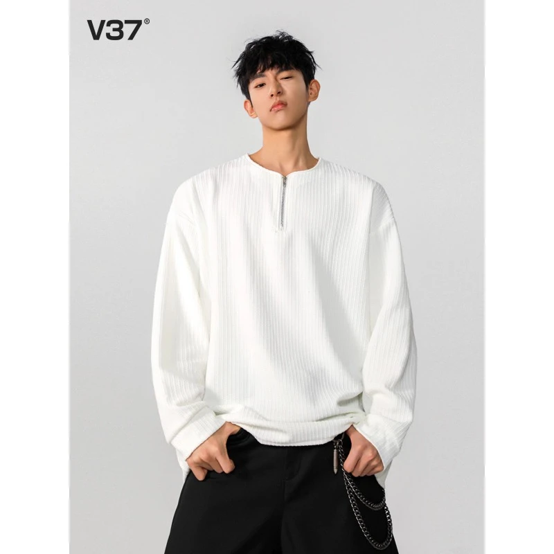 美式圆领半拉链纯色卫衣男春季潮牌肌理感长袖T恤大码宽松打底衫
