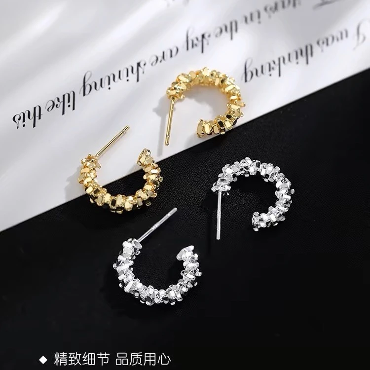 足银耳饰 碎银子c型耳环银针女法式小众耳钉高级感气质半圆圈耳饰