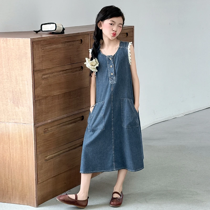 女童牛仔连衣裙夏季薄款2025新款洋气大童韩系无袖背心裙儿童裙子
