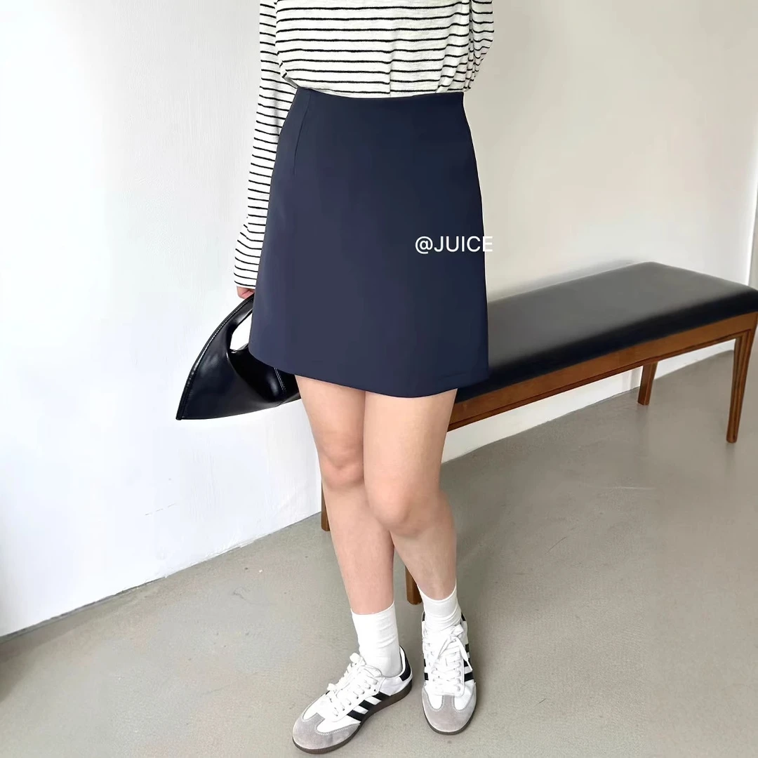 时尚百搭显瘦高腰女士黑色夏季半身裙女春秋纯色免烫处理涤纶面料