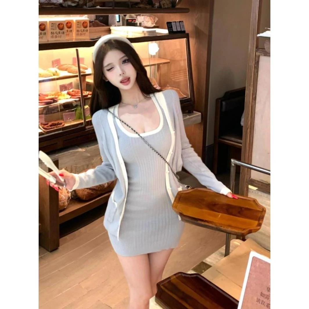 运动休闲高级感纯欲套装女修身吊带连衣裙长袖针织开衫两件套