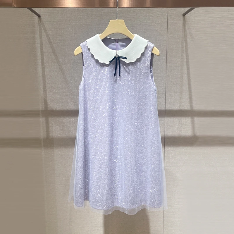 甜美连衣裙小个子2024夏季新款减龄花边娃娃领重工华丽亮片礼服裙